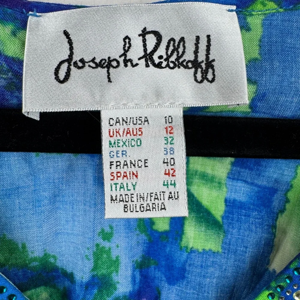 Joseph Ribkoff Blue‎ Green Print Embellished V-Neck 3/4 Sleeve Blouse Top 10